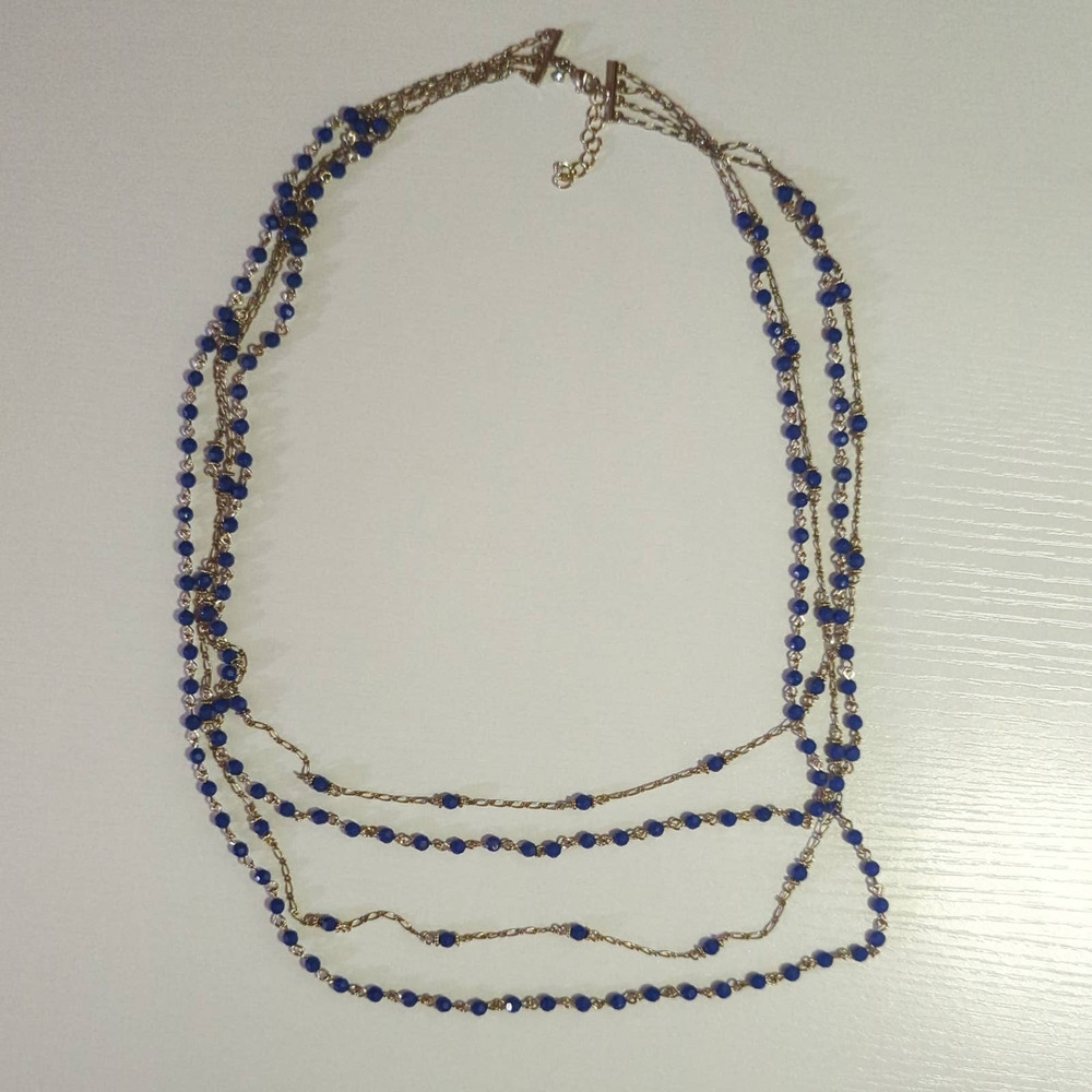 34" Necklace Blue Beads Gold Tone Chains 4 Multi Strands Bohemian Layers